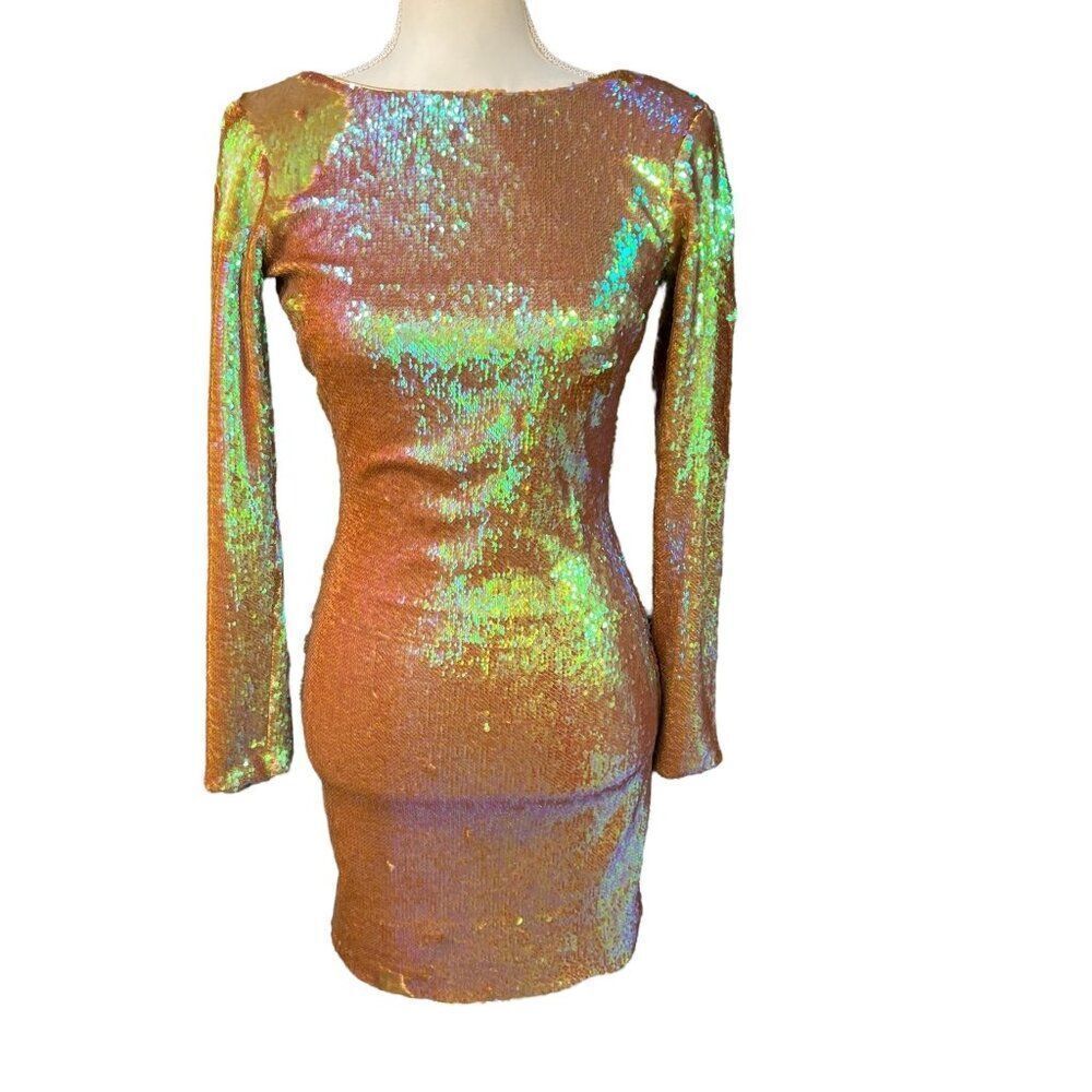 Dress The Population Lola Iridescent Sequin Scoop Back Long Sleeve Dress Size S
